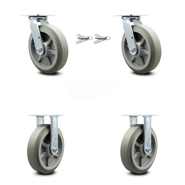 8 Inch Thermoplastic Rubber Caster Set with Ball Bearings 2 Swivel Lock 2 Rigid